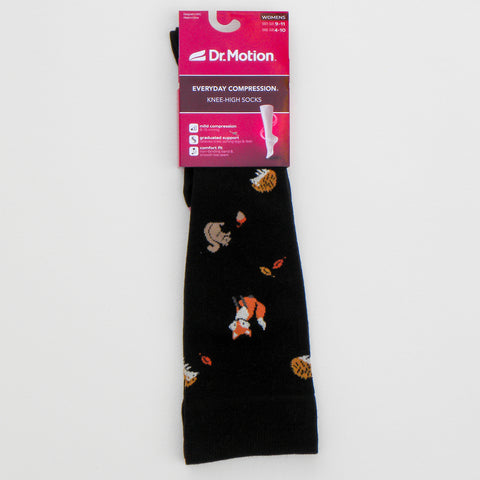 Dr. Motion Everyday Compression Socks -- Fox, Squirrels, Nuts, Leaves